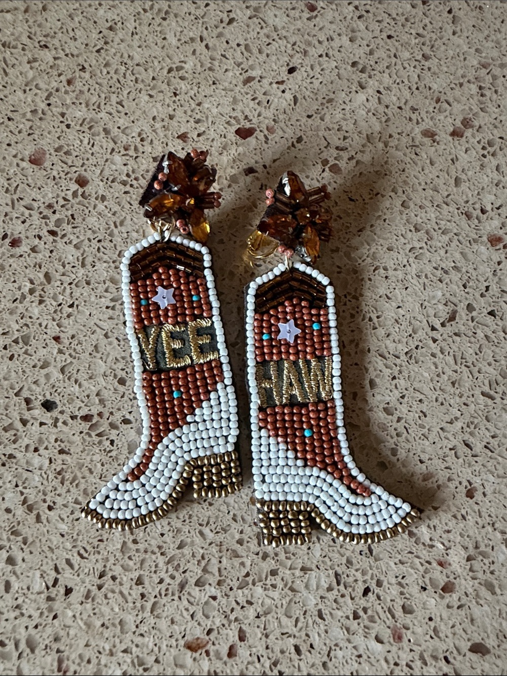 Beaded Cowboy Boot Drop Earrings in Brown and White clip on